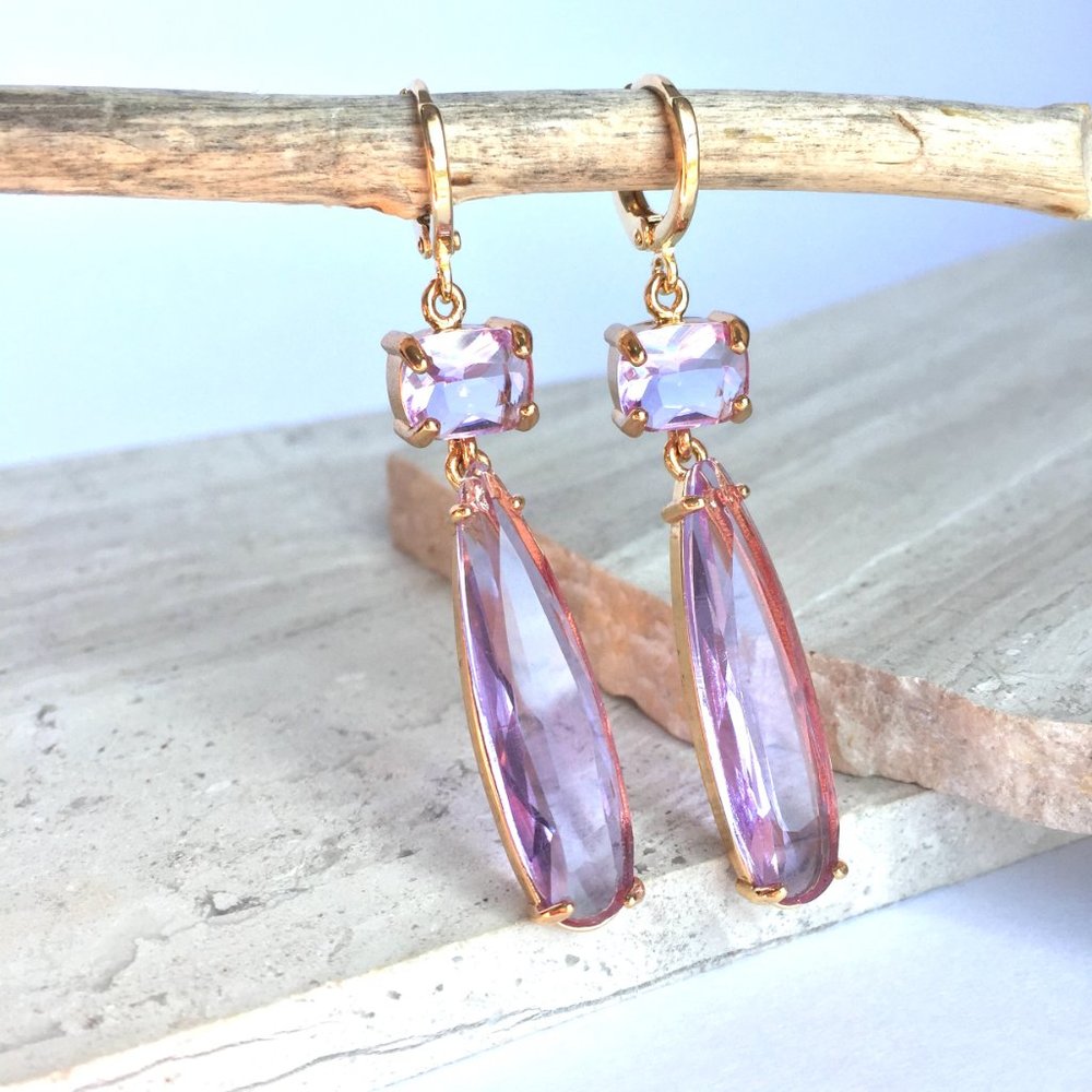Purple Amethyst Glass Long drop prong set Earrings